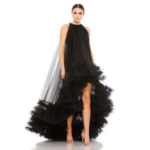 MAC DUGGAL TULLE HIGH NECK SLEEVELESS RUFFLED HEM HI-LO GOWN Black Size 6